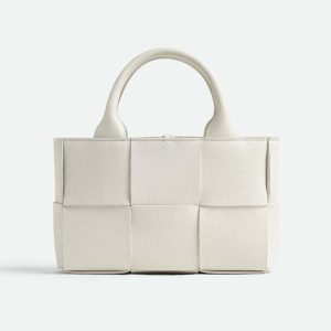 Bottega Veneta Women Candy Arco Tote Bag Micro Intreccio Grained Leather Tote Bag with Detachable Strap-White