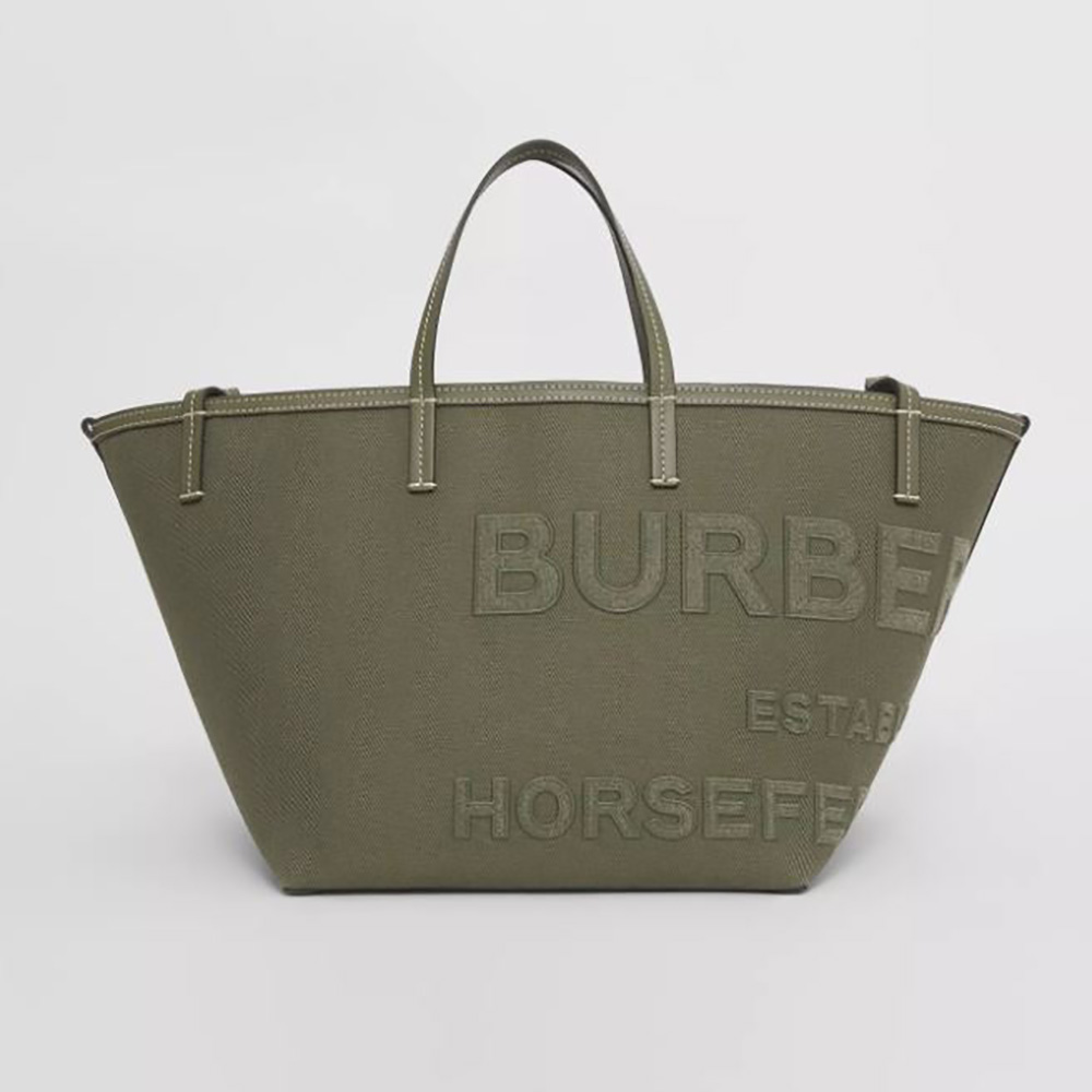 Burberry Women Mini Horseferry Linen Cotton Canvas Beach Tote-Green