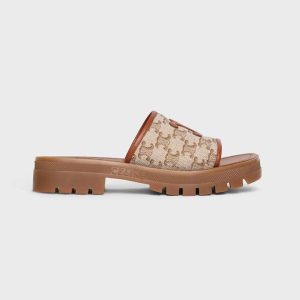 Celine Women Clea Triomphe Slide in Triomphe Stamped Canvas & Calfskin