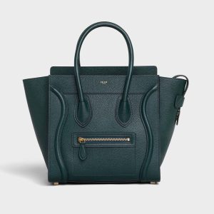 Celine Women Micro Luggage Handbag in Drummed Calfskin-Dark Green