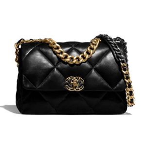Chanel Women 19 Handbag Lambskin Gold Silver-Tone Ruthenium-Finish Metal Black AS1160