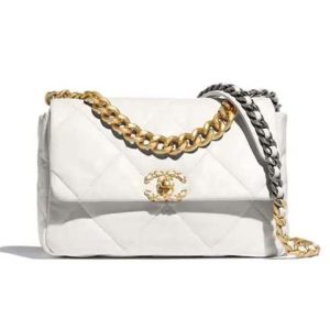 Chanel Women CC 19 Flap Bag Calfskin Gold Silver-Tone Metal White AS1161