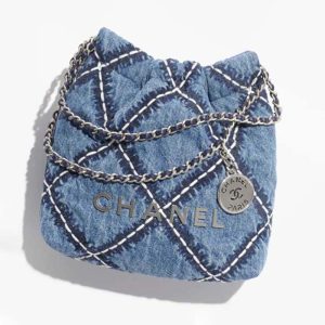 Chanel Women CC 22 Mini Handbag Stitched Denim Silver Metal Blue AS3980