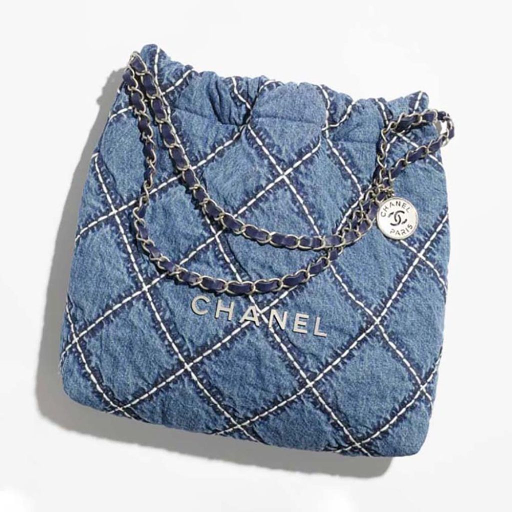 Home 7 Chanel Women CC 22 Small Handbag Stitched Denim Silver Metal Blue AS3260