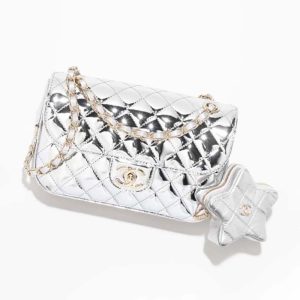 Chanel Women CC Flap Bag Star Coin Purse Mirror Calfskin Metallic Calfskin Gold-Tone Metal Silver AS4648
