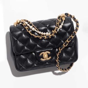 Chanel Women CC Mini Flap Bag Shiny Lambskin Imitation Pearls Black AS4385
