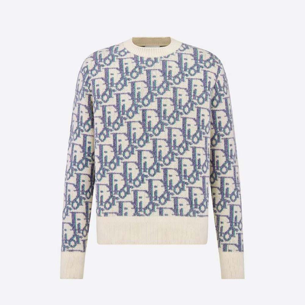 Dior Men Oblique Sweater White Mauve and Sea Green Wool Jacquard