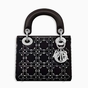 Dior Mini Lady Dior Bag in Black Cannage Satin with Rhinestones