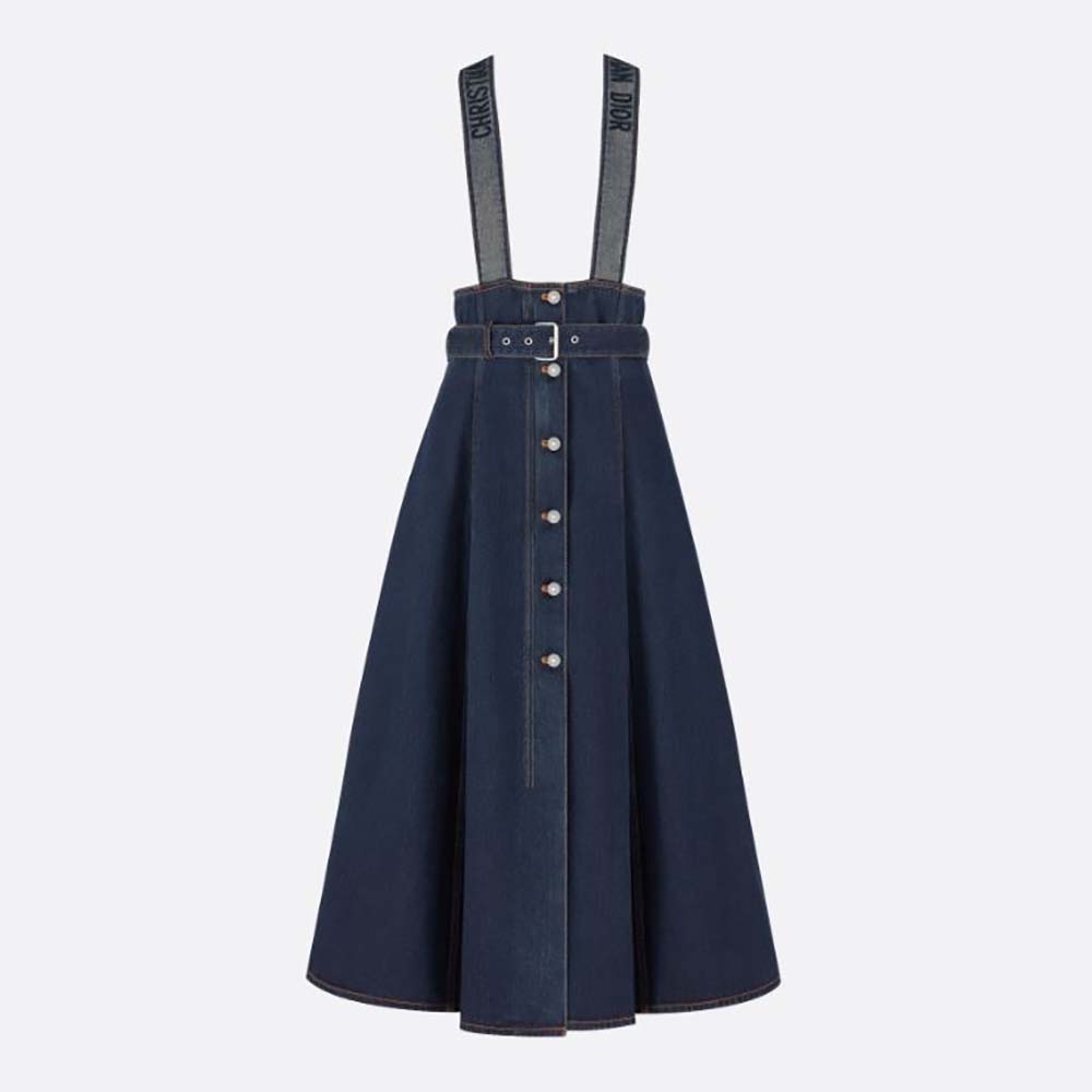 Dior Women Couture Denim Mid-Length Skirt with Straps Deep Blue Cotton Denim