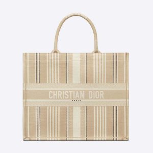 Dior Women Dior Book Tote Beige Stripes Embroidery