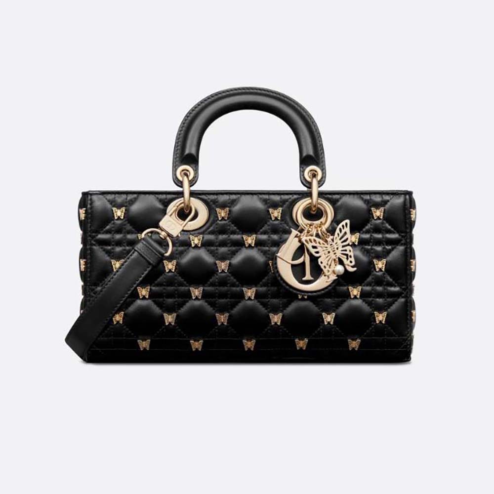 Dior Women Medium Lady D-joy Bag Black Cannage Lambskin with Gold-Finish Butterfly Studs