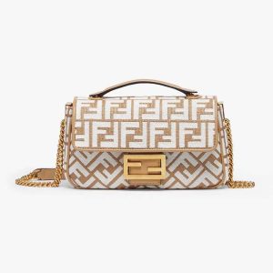 Fendi Women Baguette Chain Midi Raffia Bag with White Tapestry Fabric FF Motif