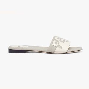 Fendi Women Signature Canvas and White Leather Slides