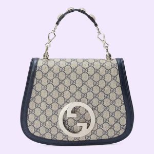 Gucci Women Blondie Medium Top Handle Bag Beige Blue Supreme Canvas