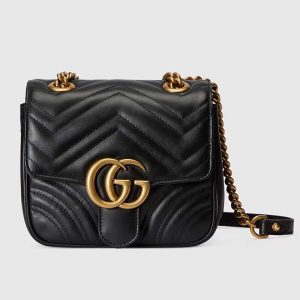 Gucci Women GG Marmont Mini Shoulder Bag Double G Black Matelassé Chevron Leather