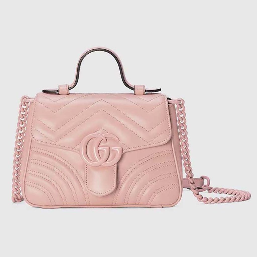 Home 8 Gucci Women GG Marmont Mini Top Handle Bag Light Pink Matelassé Chevron Leather Heart Double G