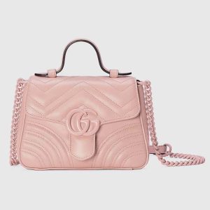 Gucci Women GG Marmont Mini Top Handle Bag Light Pink Matelassé Chevron Leather Heart Double G