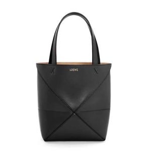 Loewe Unisex Mini Puzzle Fold Tote in Shiny Calfskin-Black