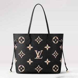 Louis Vuitton Women LV Neverfull MM Black Monogram Embossed Grained Cowhide Leather M58907