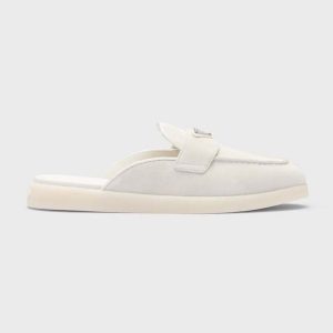 Prada Unisex Suede Leather Sabots with Enameled Metal Triangle Logo-White
