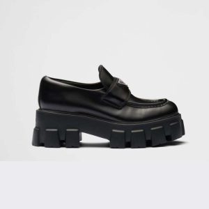 Prada Women Brushed Leather Monolith Loafers-Black