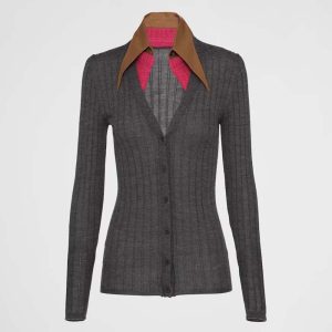 Prada Women Cashmere and Silk Cardigan with Collar-Gray