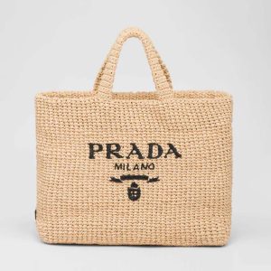 Prada Women Raffia Tote Bag with Embroidered Lettering Logo on the Front