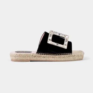 Roger Vivier Women Strass Buckle Espadrille Mules in Velvet-Black