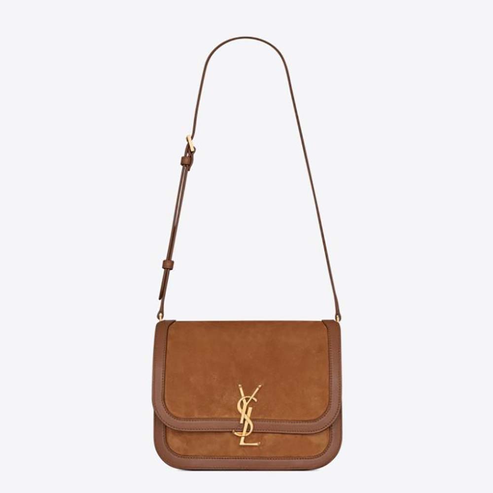 Saint Laurent YSL Women Solferino Medium Soft Satchel in Bsuede and Smooth Leather-Brown
