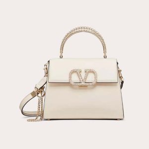 Valentino Women Small Vsling Calfskin Handbag with Jewel Handle-White WB0F53NQG_7P4