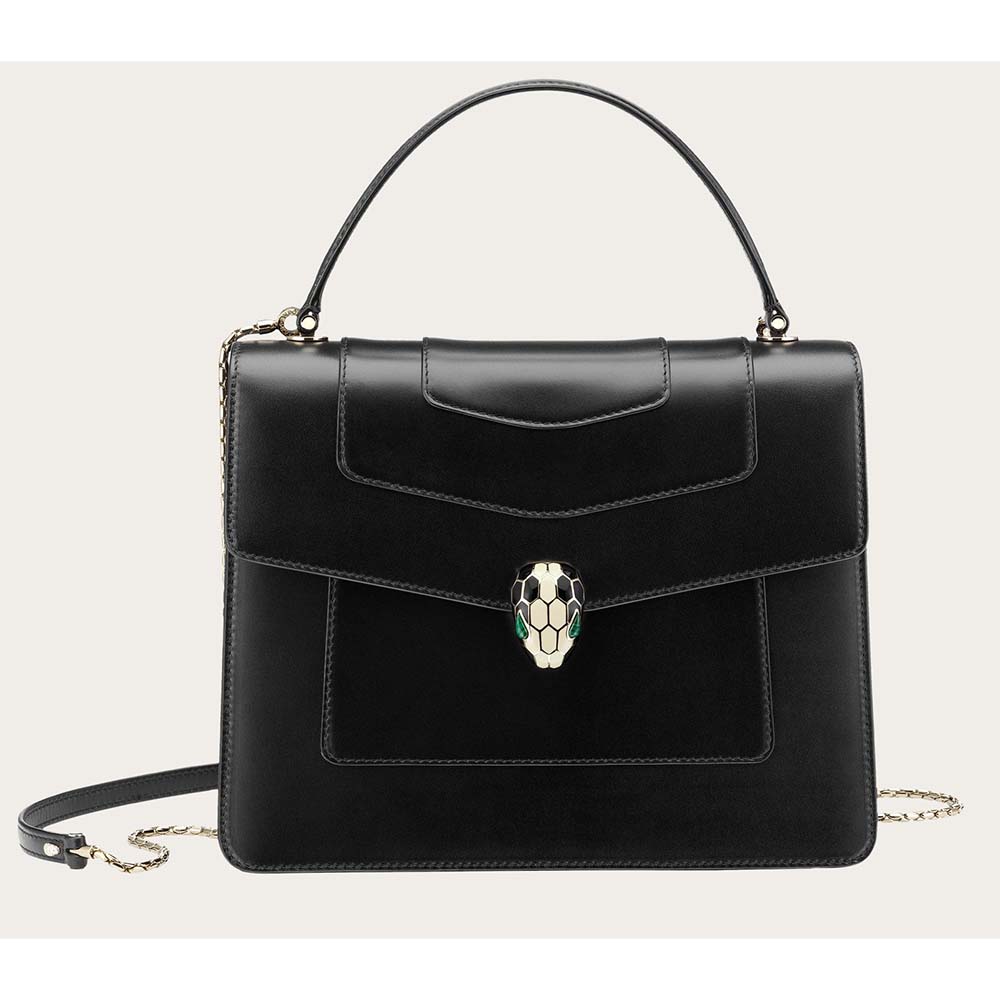 Bvlgari Women Large Flap Cover Bag “Serpenti Forever” in Calf-Black