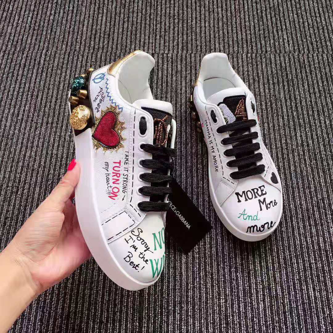 Dolce Gabbana D&G Women Printed Calfskin Nappa Portofino Sneakers with Patch and Embroidery-White - Image 7