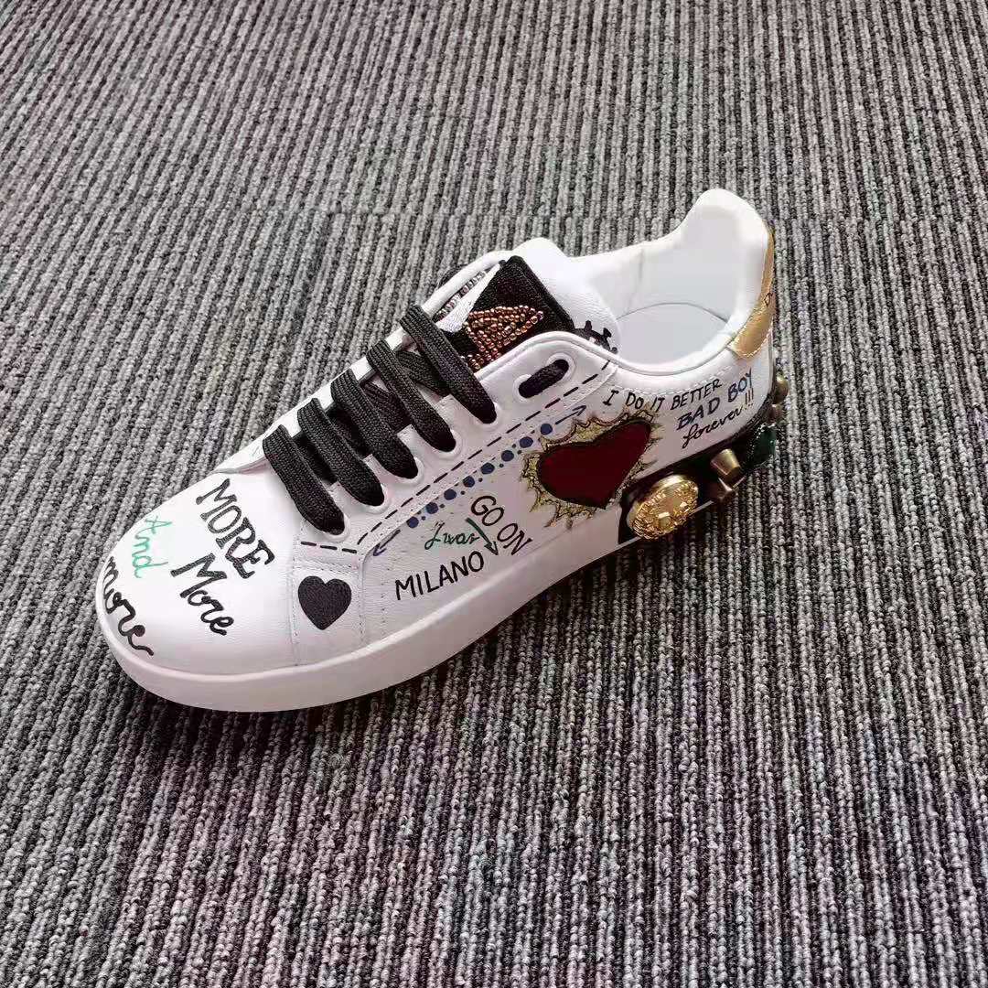 Dolce Gabbana D&G Women Printed Calfskin Nappa Portofino Sneakers with Patch and Embroidery-White - Image 8