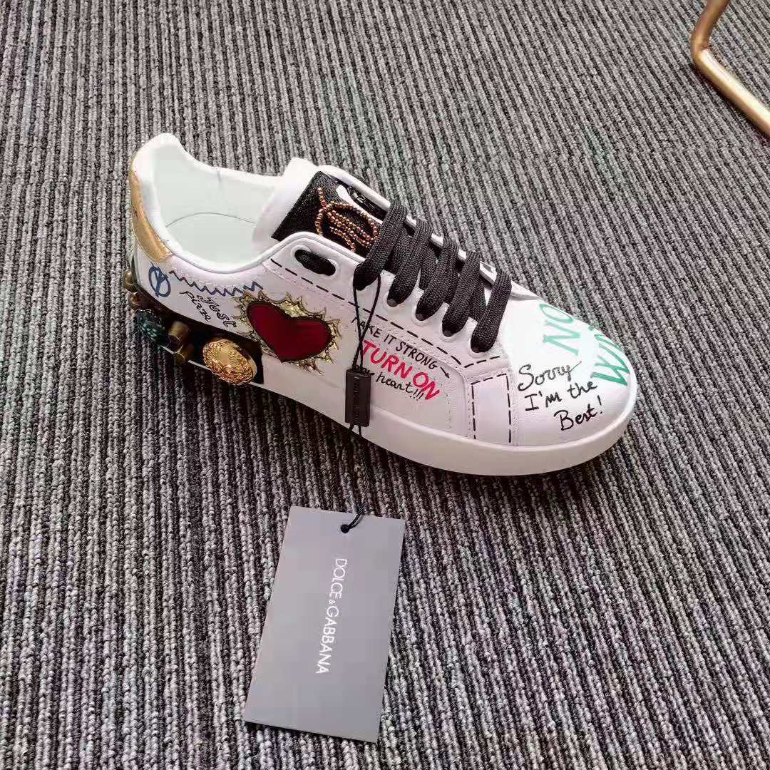 Dolce Gabbana D&G Women Printed Calfskin Nappa Portofino Sneakers with Patch and Embroidery-White - Image 10