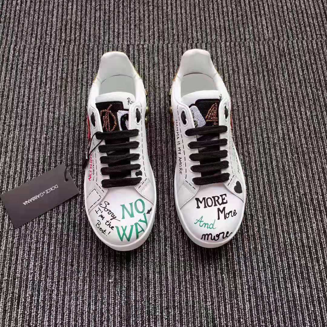 Dolce Gabbana D&G Women Printed Calfskin Nappa Portofino Sneakers with Patch and Embroidery-White - Image 3