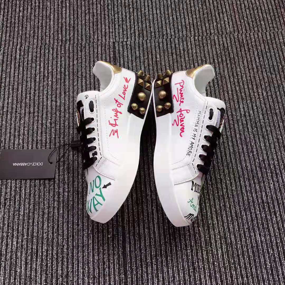 Dolce Gabbana D&G Women Printed Calfskin Nappa Portofino Sneakers with Patch and Embroidery-White - Image 5