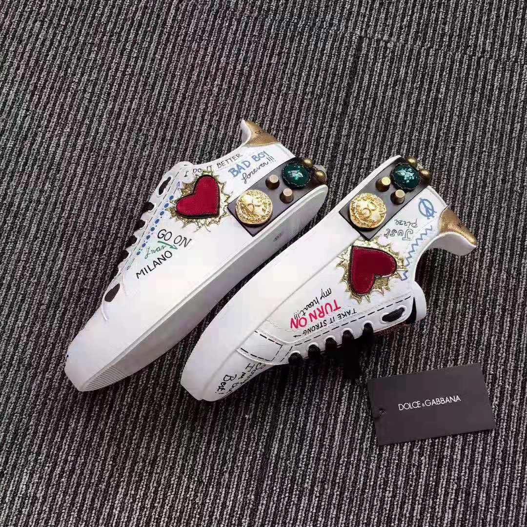 Dolce Gabbana D&G Women Printed Calfskin Nappa Portofino Sneakers with Patch and Embroidery-White - Image 4