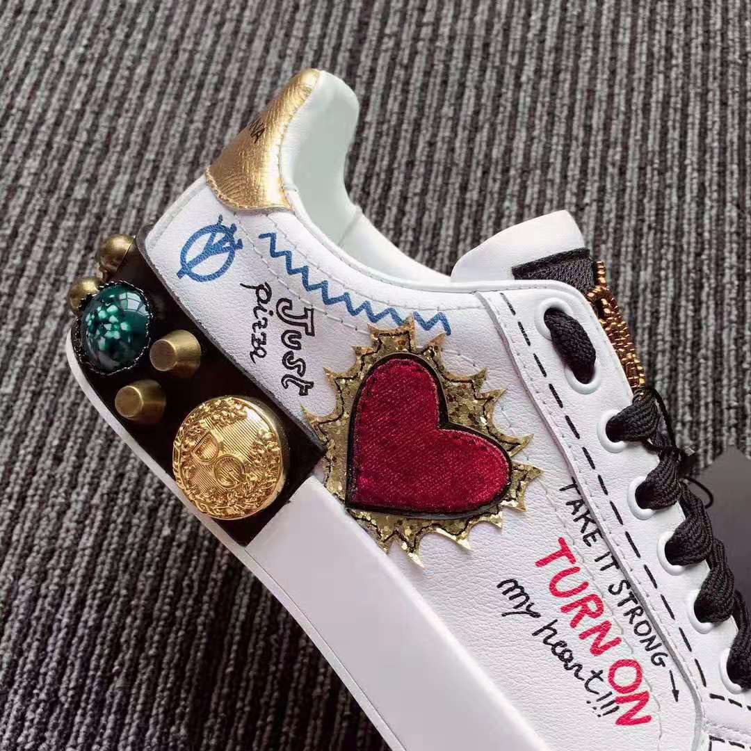 Dolce Gabbana D&G Women Printed Calfskin Nappa Portofino Sneakers with Patch and Embroidery-White - Image 9