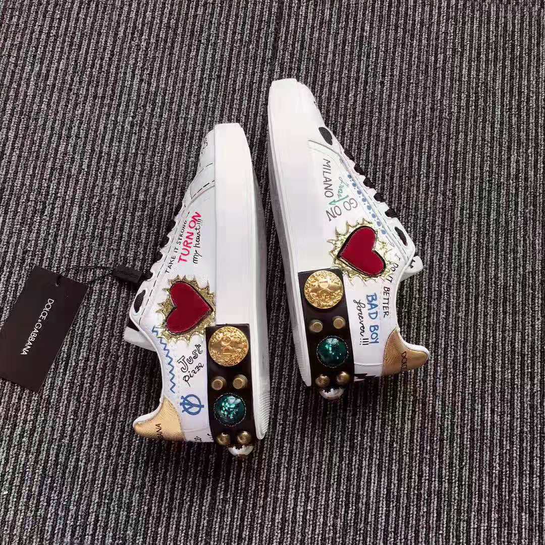 Dolce Gabbana D&G Women Printed Calfskin Nappa Portofino Sneakers with Patch and Embroidery-White - Image 6