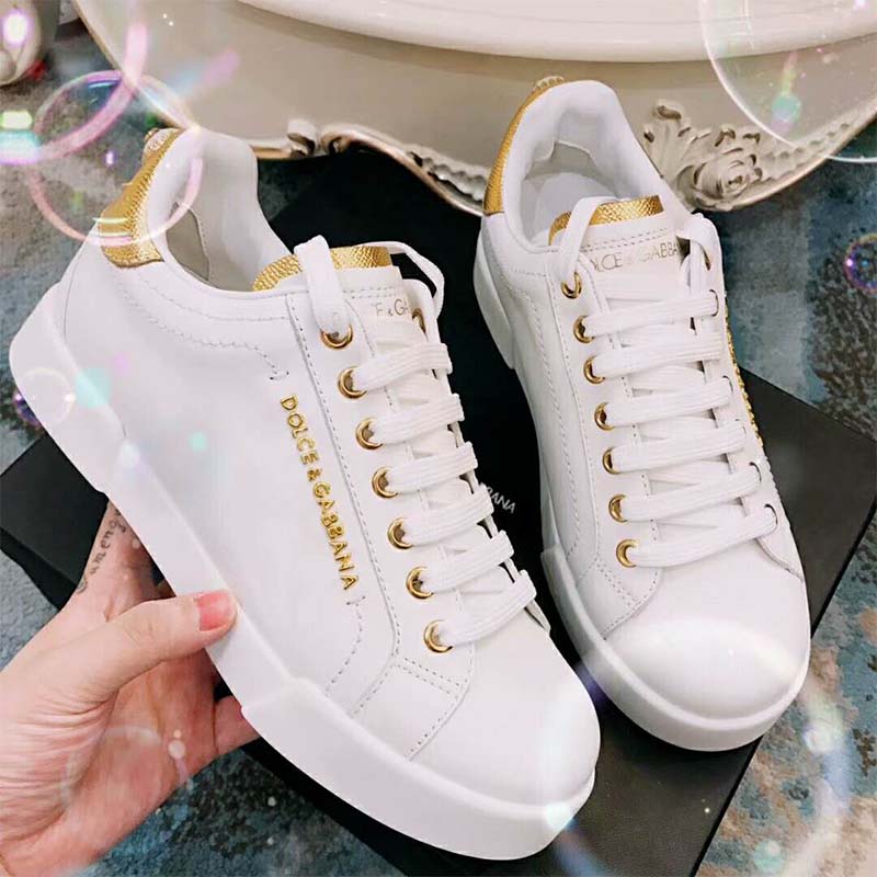 Dolce Gabbana D&G Women Shoes Leather Sneakers with Logo Bead-White - Image 5