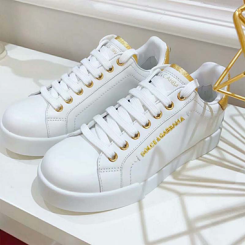 Dolce Gabbana D&G Women Shoes Leather Sneakers with Logo Bead-White - Image 4