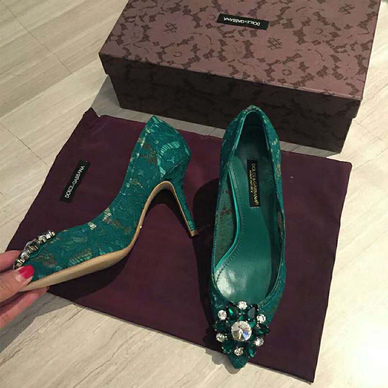 Dolce Gabbana D&G Women Shoes Pump in Taormina Lace with Crystals 90mm Heel-Green - Image 2