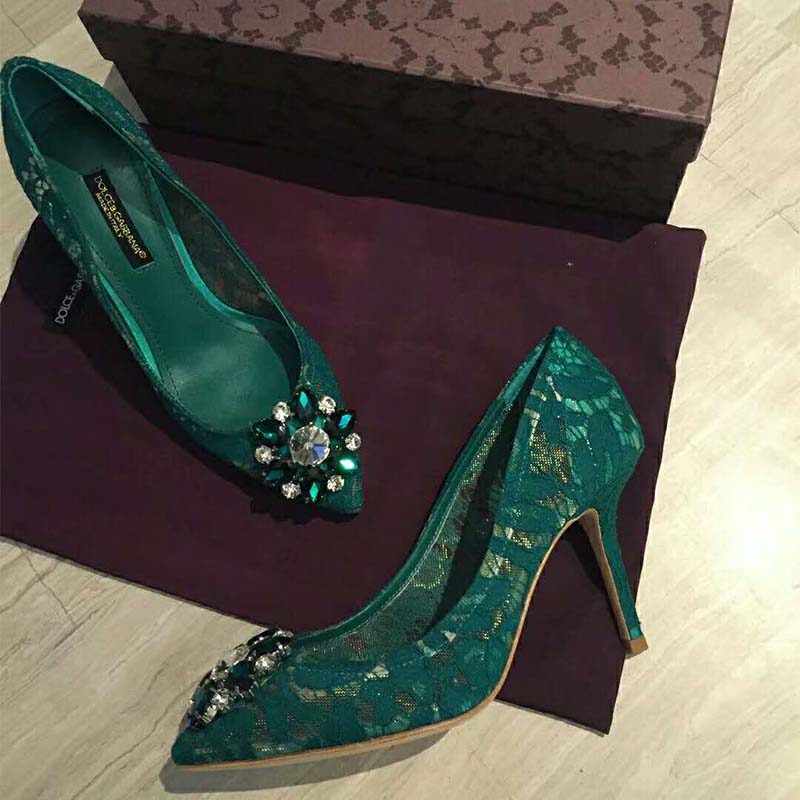 Dolce Gabbana D&G Women Shoes Pump in Taormina Lace with Crystals 90mm Heel-Green - Image 3