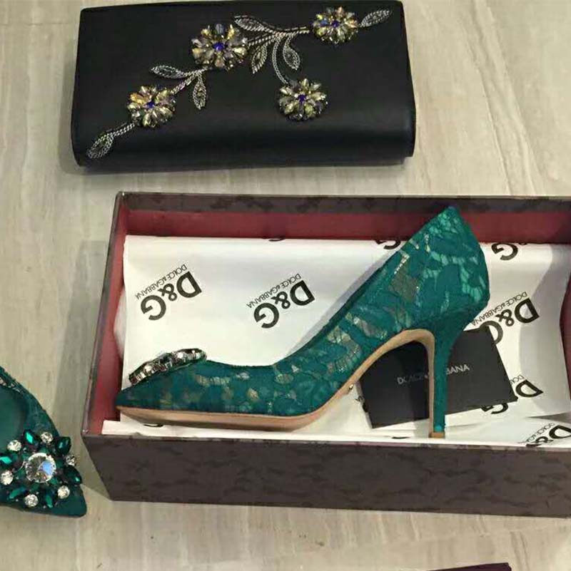 Dolce Gabbana D&G Women Shoes Pump in Taormina Lace with Crystals 90mm Heel-Green - Image 4