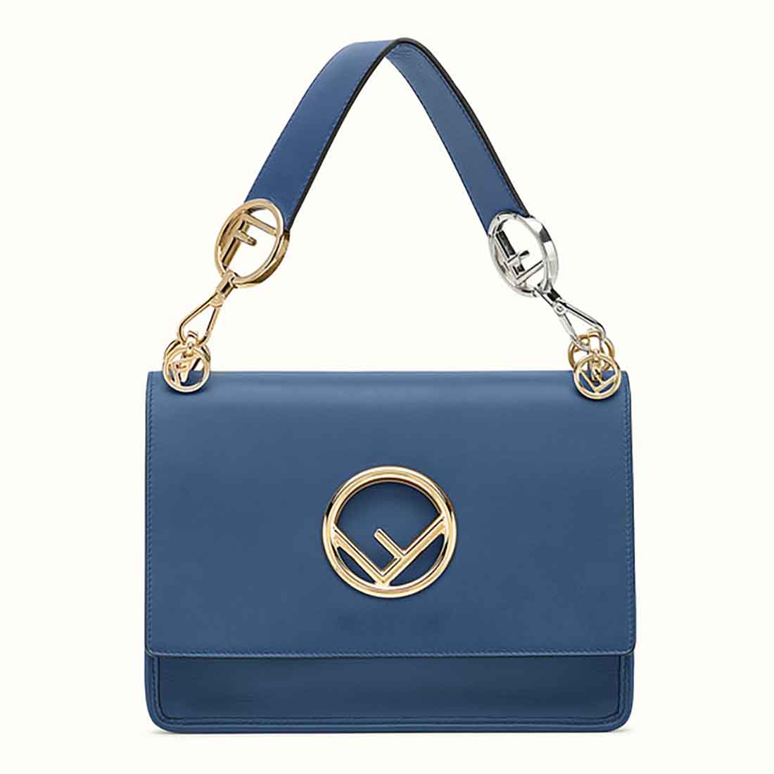 Fendi KAN I F Top Flap Leather Bag with Strap-Navy