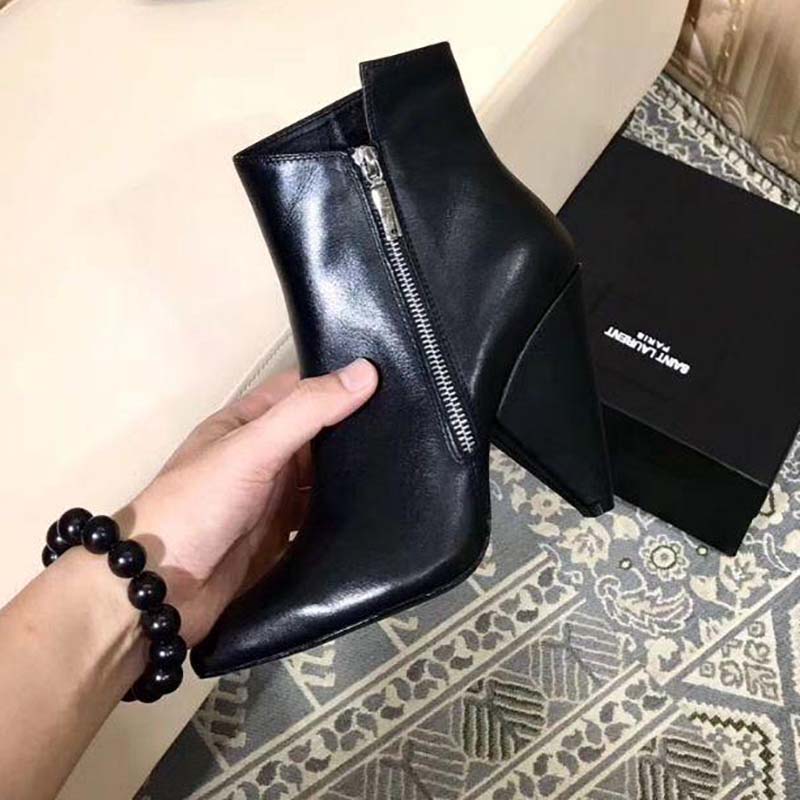 Saint Laurent YSL Women Niki 105 Asymmetrical Ankle Boot Leather Shoes Black - Image 8