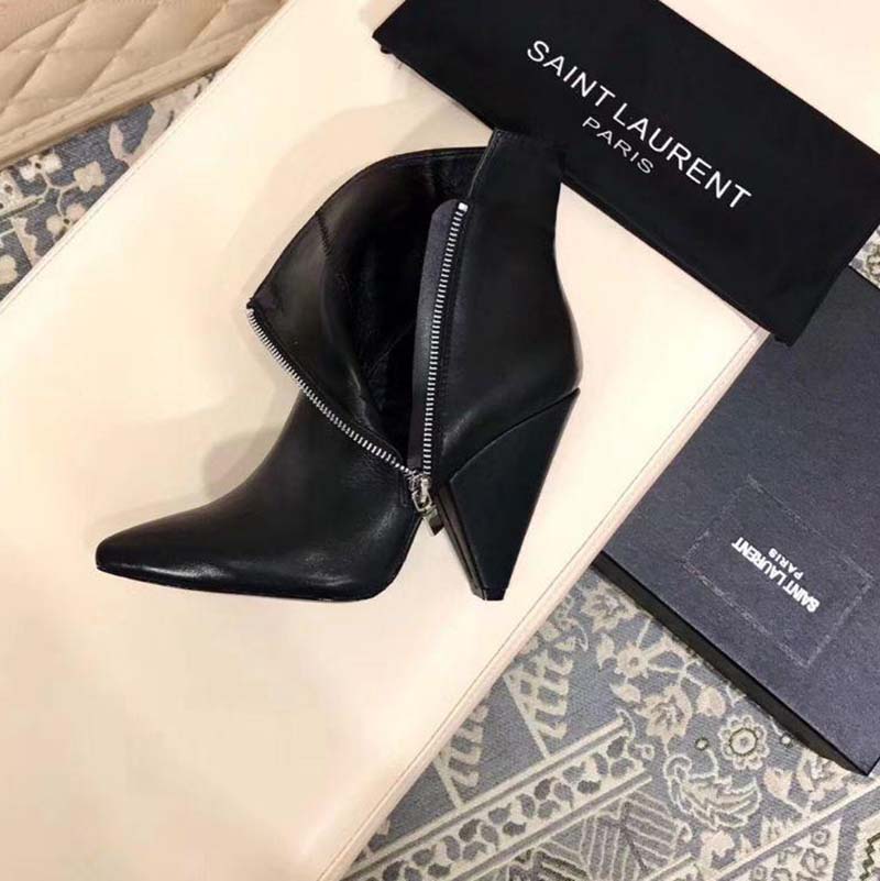 Saint Laurent YSL Women Niki 105 Asymmetrical Ankle Boot Leather Shoes Black - Image 3