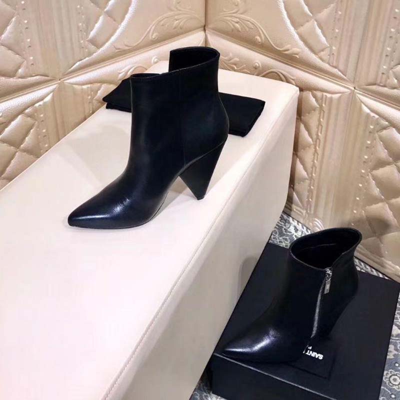Saint Laurent YSL Women Niki 105 Asymmetrical Ankle Boot Leather Shoes Black - Image 4