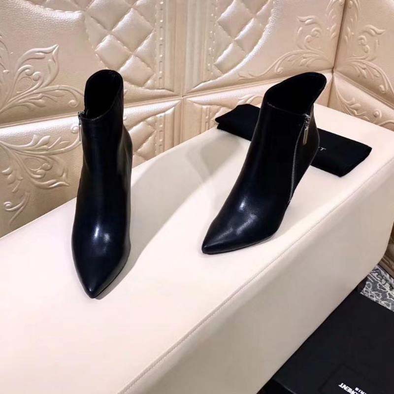 Saint Laurent YSL Women Niki 105 Asymmetrical Ankle Boot Leather Shoes Black - Image 2