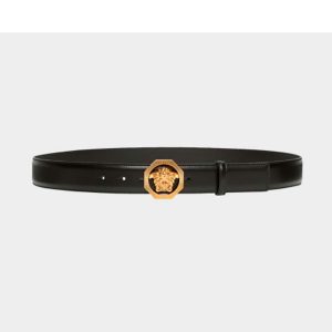 Versace Men Octagonal Medusa Leather Belt-Black